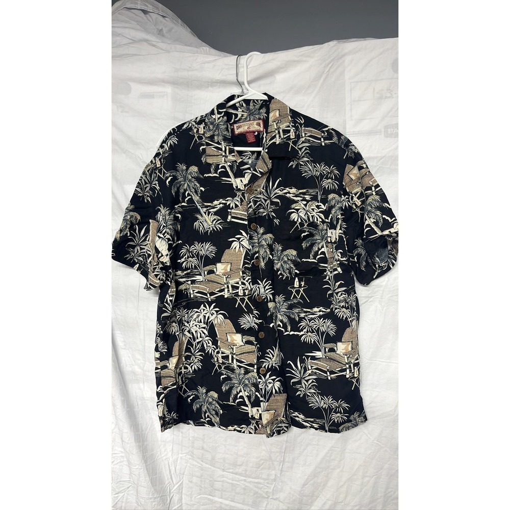 Caribbean Joe Men's L Hawaiian Shirt Black Linen Blend Tropical SS Sz L